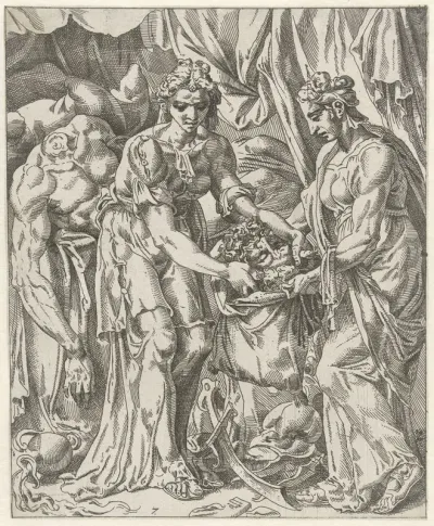 Judit stopt het hoofd van Holofernes in een zak