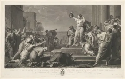 Judit toont het hoofd van Holofernes aan het volk