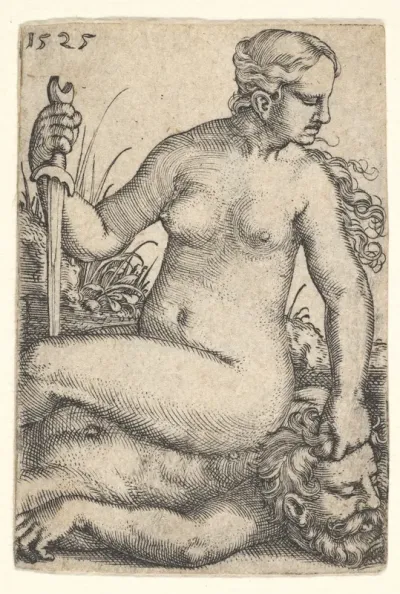 Judith, looking towards the right, seated nude atop the dead body of Holofernes, with a sword in her right hand and the head of Holofernes in her left hand