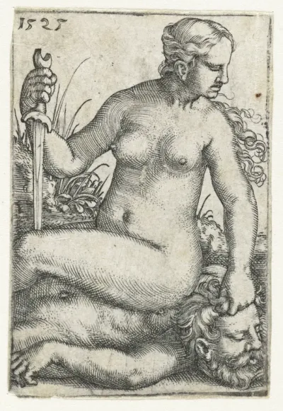 Judith met zwaard zittend op het onthoofde lichaam van Holofernes