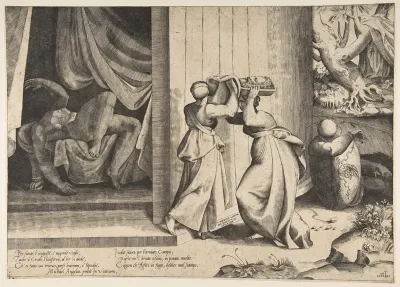 Judith passing the head of Holofernes to her maidservant, the decapitated Holofernes inside the tent at left