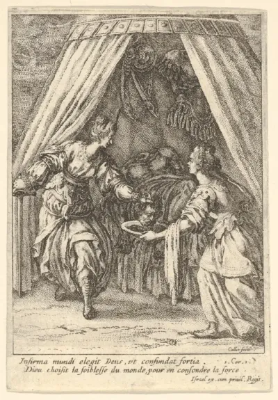 Judith placing the head of Holofernes on a tray held by an attendant, with the body of Holofernes on a canopied bed