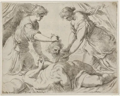 Judith placing the head of Holofernes onto a cloth held by another female figure, the foreshortened body of Holofernes gushes with blood from the neck