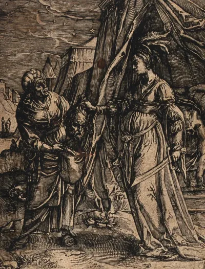 Judith puts the head of Holofernes into her maid's bag