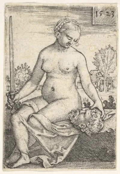 Judith, seated nude with a sword in her right hand, gazing down at the head of Holofernes in her left hand