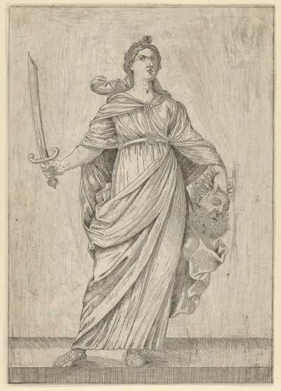 Judith standing on a ledge holding the head of Holofernes in her left hand and a sword in her right