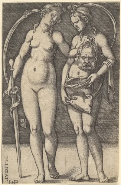 Judith standing to right and holding the head of Holofernes in her right hand and a sword in her left hand, her servant standing to right holding an open bag