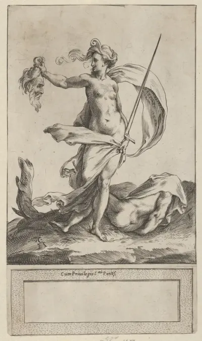 Judith with the Head of Holofernes, standing nude in a barren landscape