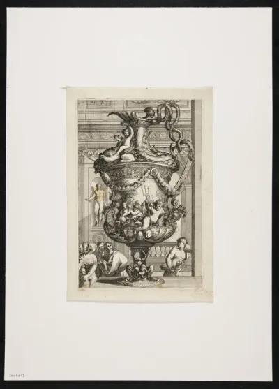 Jug decorated with putti, animals and garlands; placed in an inner space with spectators