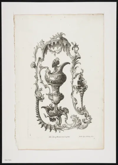 Jug in an ornamental frame of foliate scrolls, a dragon and shell motifs