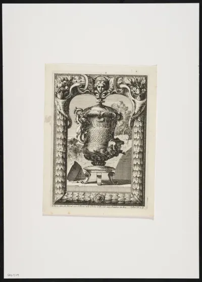 Jug on tripod in a frame with horn of plenty, a mask and leaf motives