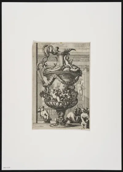 Jug turned to the right, decorated with putti, a dragon, snakes and garlands; placed in an inner space and surrounded with figures.