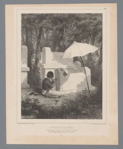 Jugada Kazaz Misiz beitelt tekst in steen van graftombe, 18 augustus 1837