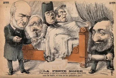 Jules Grévy takes the pulse of Marshal Macmahon, who lies sick in bed with a priest and another man; they are choking from the fumes of their burning bed; Léon Gambetta emerges from behind the scenes carrying a clyster