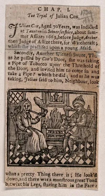 Julian Cox of Taunton and a man sit smoking by the hearth; a toad is by the feet of the man