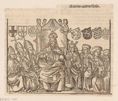 Julius Caesar gezeten op troon omringd door geestelijke en wereldlijke vorsten
