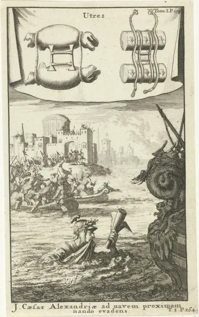 Julius Caesar houdt zwemmend een manuscript boven water