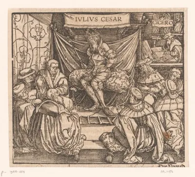Julius Caesar in een raadsvergadering, op de achtergrond Cicero schrijvend