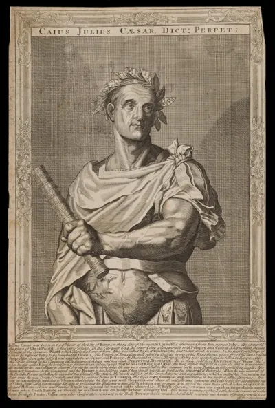 Julius Caesar. Line engraving, 16--, after A. Sadeler after Titian
