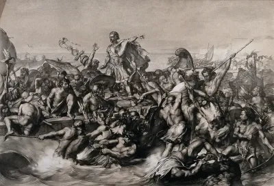 Julius Caesar's first invasion of Britain: Caesar's boat is pulled to the shore while his soldiers fight the resisting indigenous warriors