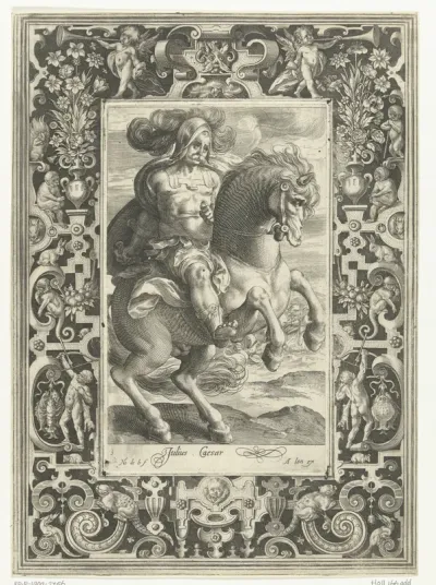 Julius Caesar te paard in omlijsting met ornamenten