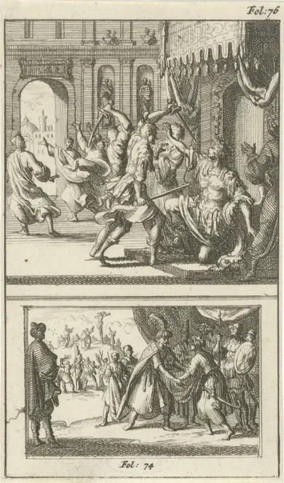 Julius Caesar vermoord / Polycrates door Orates vriendelijk ontvangen