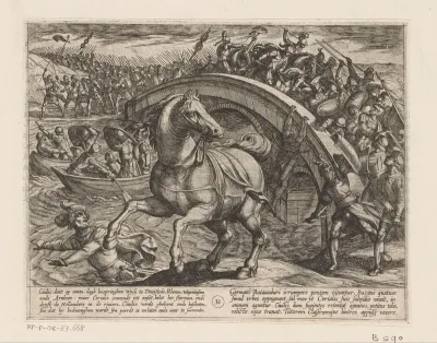 Julius Civilis gedwongen af te stijgen en zwemmend de rivier over te steken
