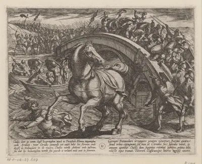 Julius Civilis gedwongen af te stijgen en zwemmend de rivier over te steken