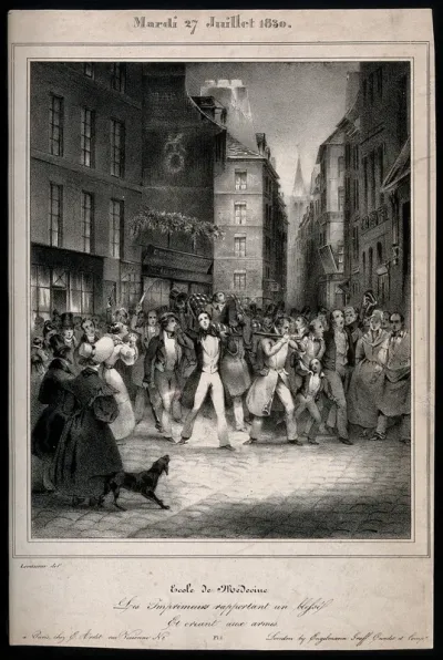 July Revolution, 1830, Paris: a man being carried to the Ecole de Médecine by printers who cry out to take up arms