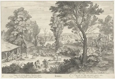 Juni, landschap waarin boeren schapen scheren
