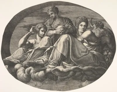 Juno and two goddesses reclining on clouds with two child figures and fruits at right, an oval composition, from a series of eight compositions after Francesco Primaticcio's designs for the ceiling of the Ulysses Gallery (destroyed 1738-39) at Fontai
