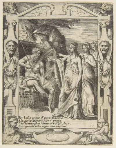 Juno asks Aeolus to raise a storm against the Trojan fleet, set within an elaborate frame, from "Loves, Rages and Jealousies of Juno"