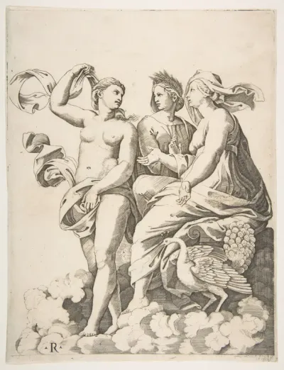 Juno, Ceres, and Psyche in the clouds conversing, Juno seated with a peacock at her feet, Ceres wearing a garland of wheat and Psyche partially naked and holding a cloth