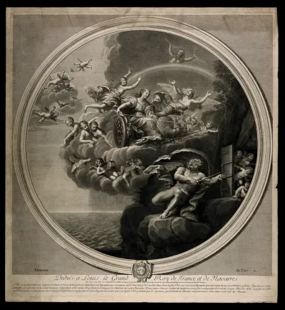 Juno in a chariot drawn by two peacocks flying through the sky surrounded by nymphs and cherubs, Jupiter on the ground trying to lock up a group of putti: symbolising the element air
