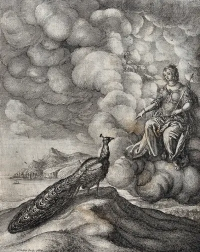 Juno is seated on the clouds and addresses a peacock standing on a mound; illustration of Ogilby's "Aesopicks"