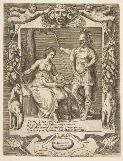 Juno, Mars and Cupid, set within an elaborate frame, from "Loves, Rages and Jealousies of Juno"