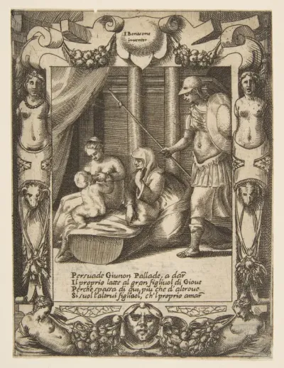 Juno persuading Athena to nurse the young Hercules, set within an elaborate frame, from "Loves, Rages and Jealousies of Juno"