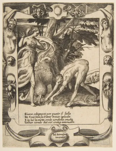 Juno sending famine against Crasiton, set within an elaborate frame, from "Loves, Rages and Jealousies of Juno"