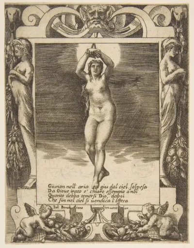 Juno suspended in the air, set within a frame, from "Loves, Rages and Jealousies of Juno"