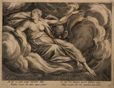 Juno with her peacock in the clouds; representing the element of air