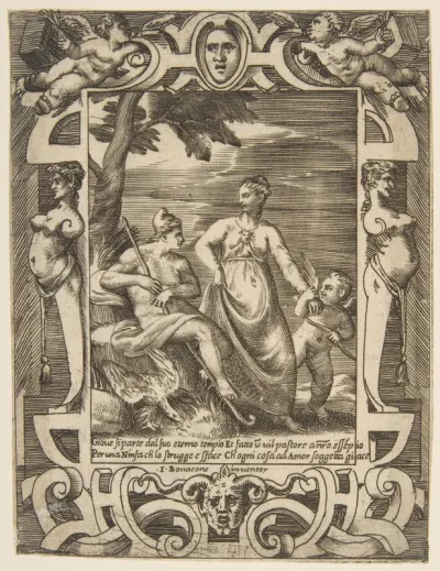 Jupiter at left in the form of a shepherd accompanied by Mnemosyne, set within an elaborate cartouche, from "Loves, Rages and Jealousies of Juno"