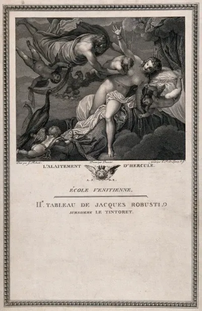 Jupiter carrying Hercules to be breast-fed by a goddess (?) Engraving by P.R