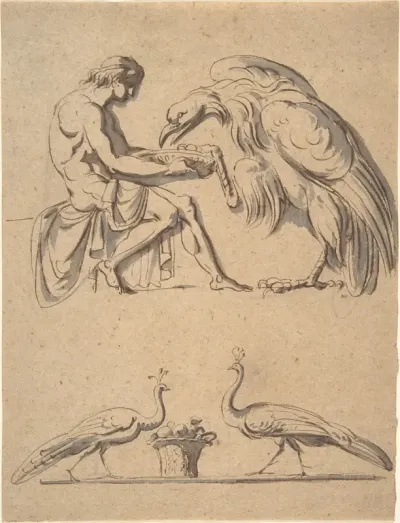 Jupiter, disguised as an eagle, with Ganymede, and a sketch of  two peacocks