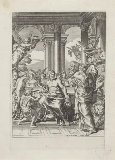 Jupiter en de Olympische goden rond een tafel