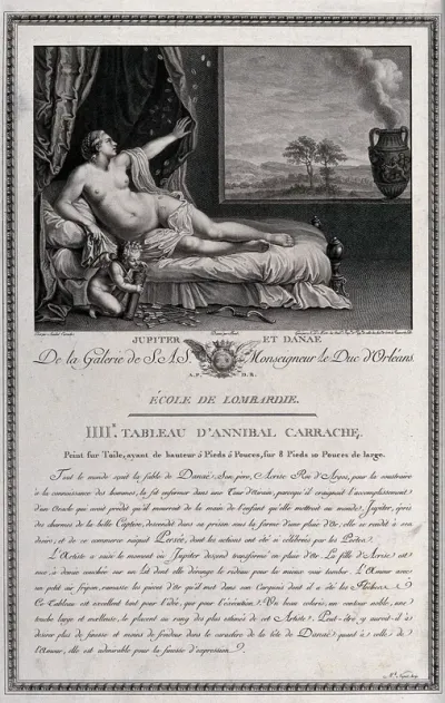 Jupiter holds Danae captive and comes to her in the form of a shower of gold coins which Cupid gathers and puts into his quiver