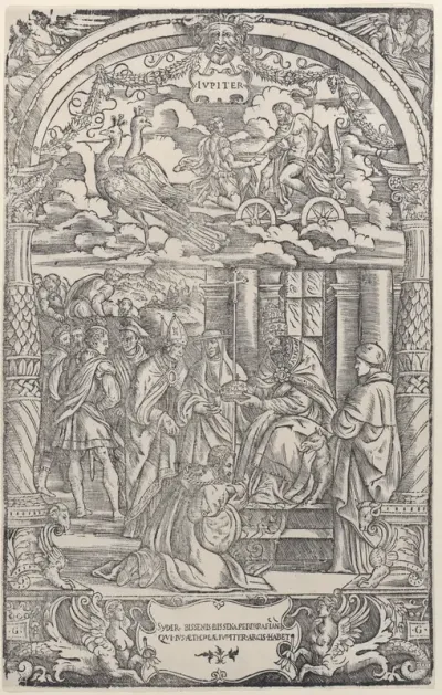 Jupiter in a Chariot Drawn by Two Peacocks above, a king being crowned by a Pope below, from 'The Seven Planets'