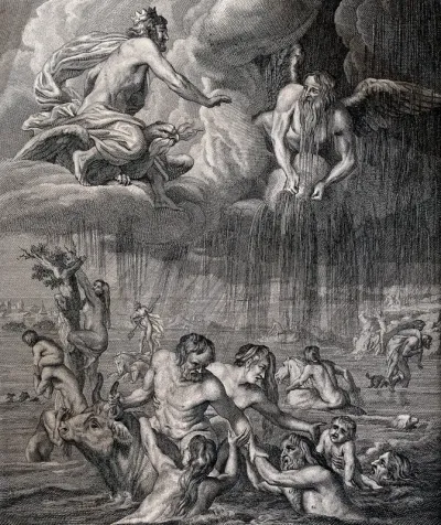 Jupiter orders Notus (the south wind) to flood the Earth: as the water rises, people try to escape
