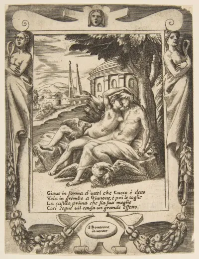 Jupiter tells Juno of his love, set within a frame, from "Loves, Rages and Jealousies of Juno"