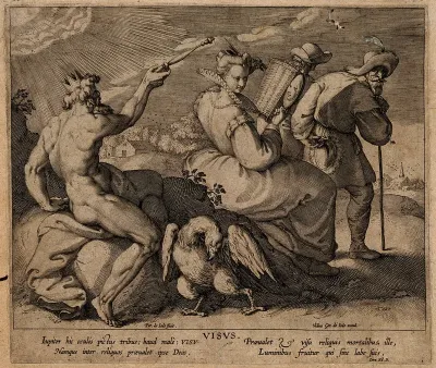 Jupiter waves a wand at a woman looking at herself in a mirror, while a travelling merchant of spectacles and a blind man walk by; allegory of the conscientious use of sight