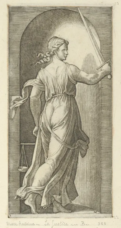 Justice personified by a young woman holding a sword in her raised right hand, scales in her left, from 'The Virtues'